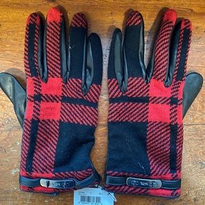 Coach red plaid leather, wool, and cashmere gloves